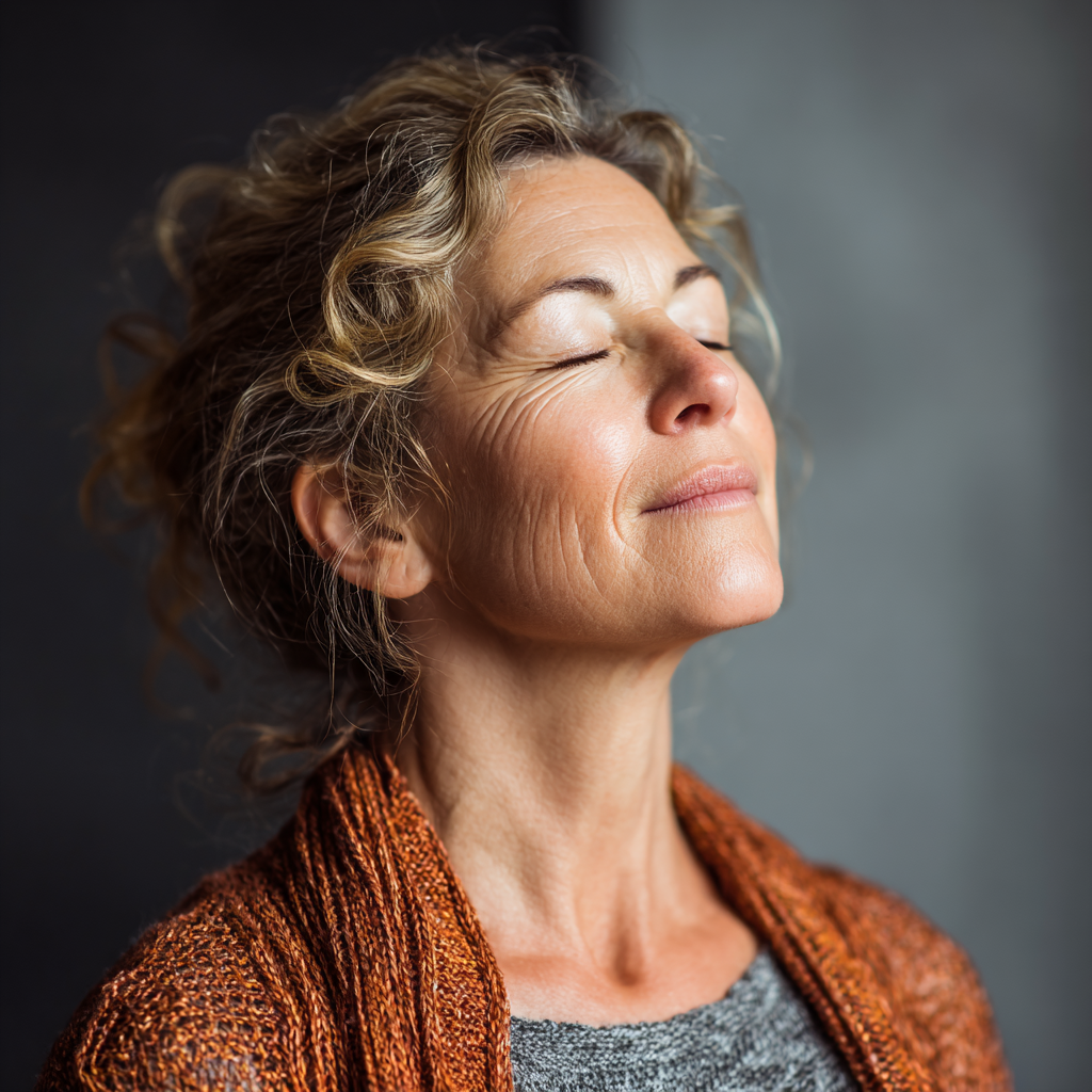 middle-aged woman practicing mindful yoga breathing exercise