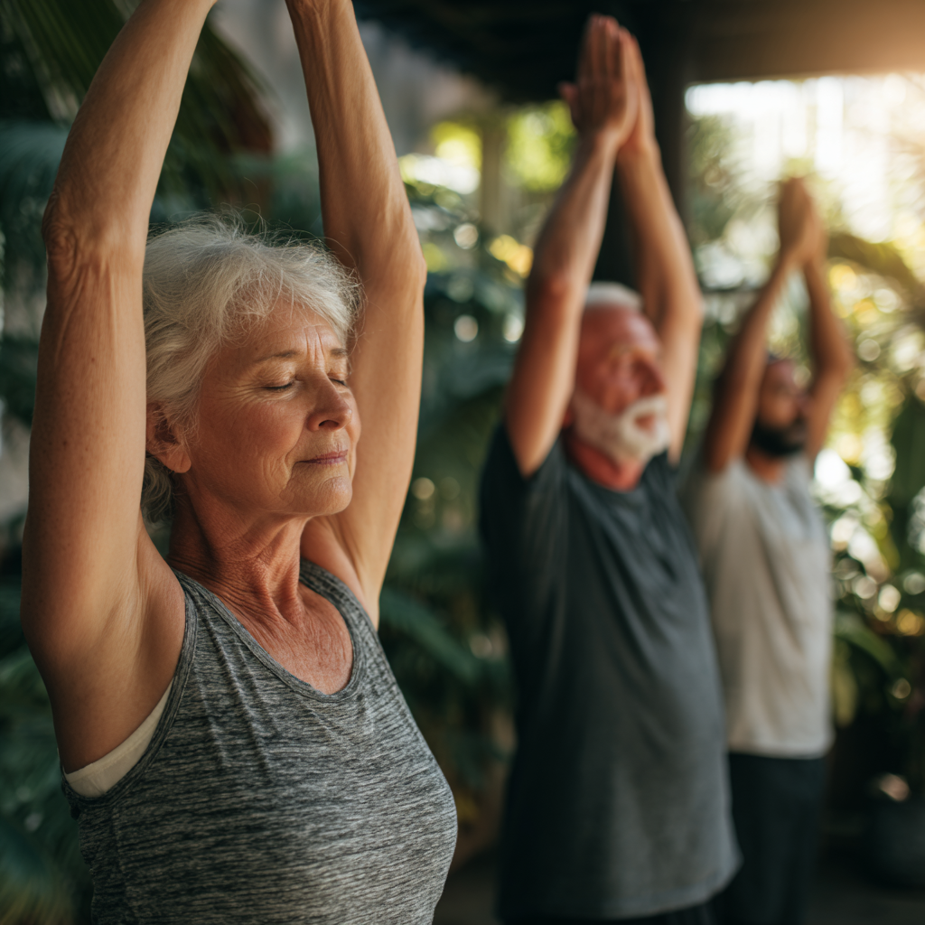 senior adults practicing gentle yoga poses in peaceful environment